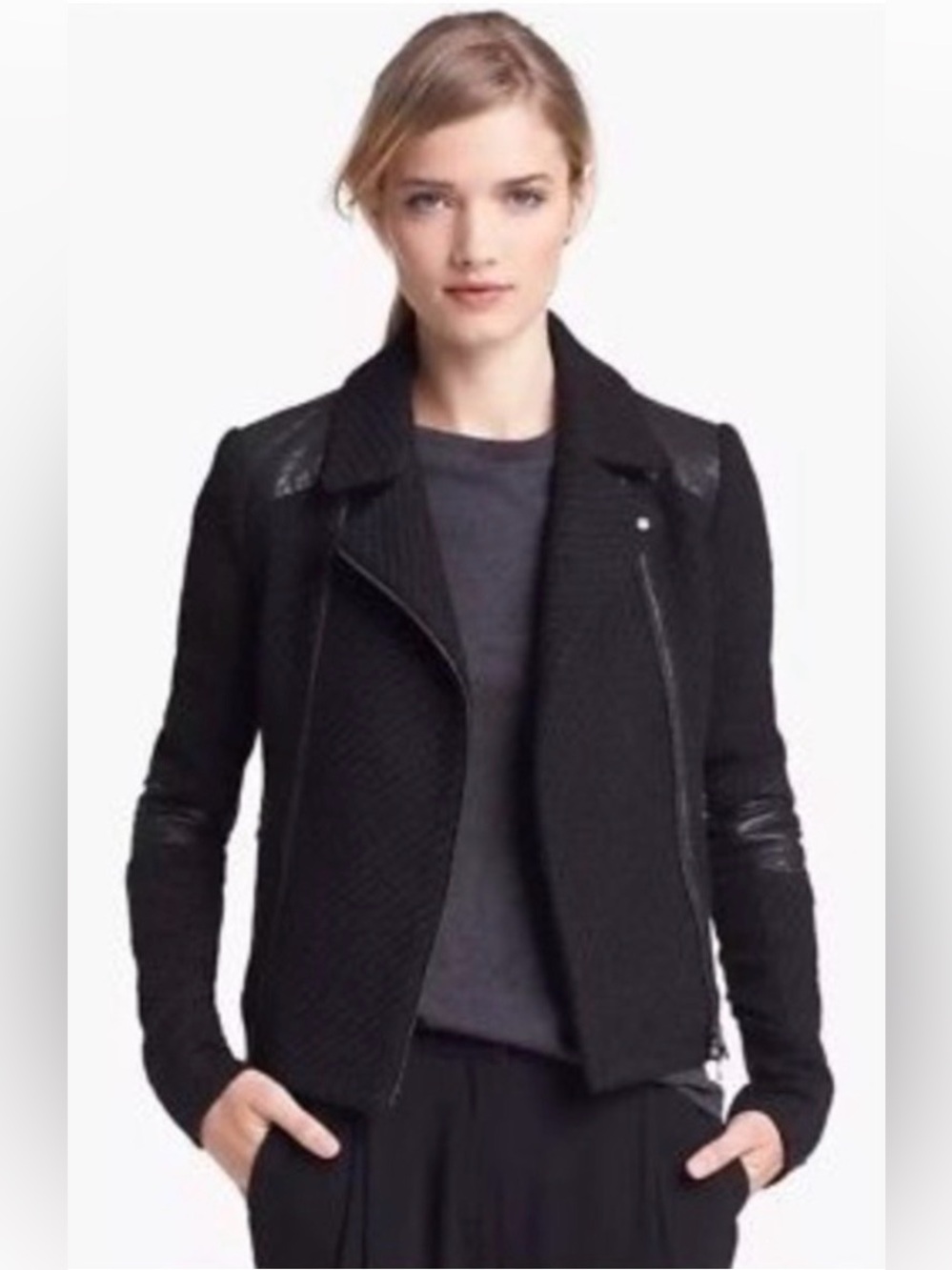 Vince Black Moto Wool Quilted Leather Trim Jacket - Picture 2 of 16